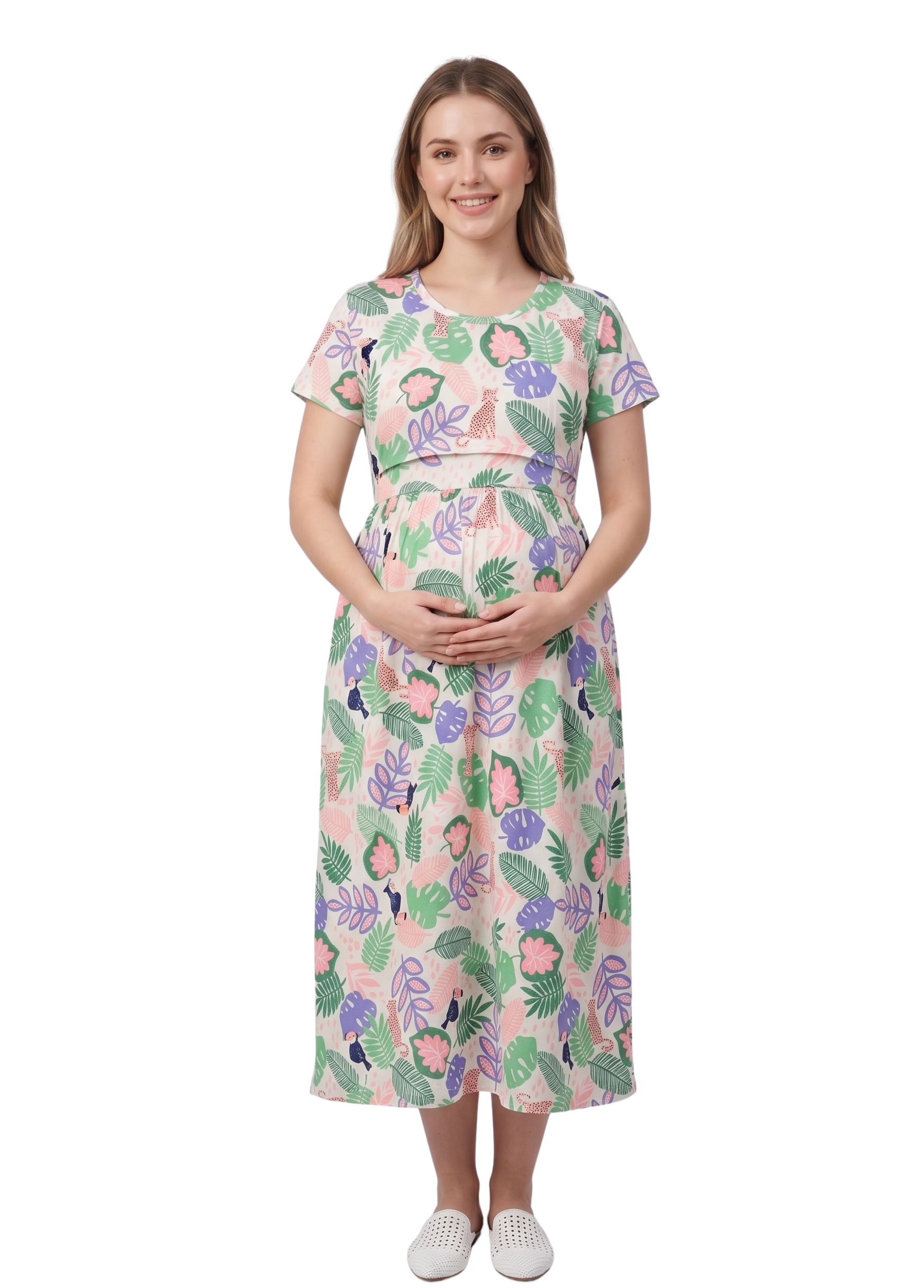 Pregnant woman wearing a green rainforest maternity dress